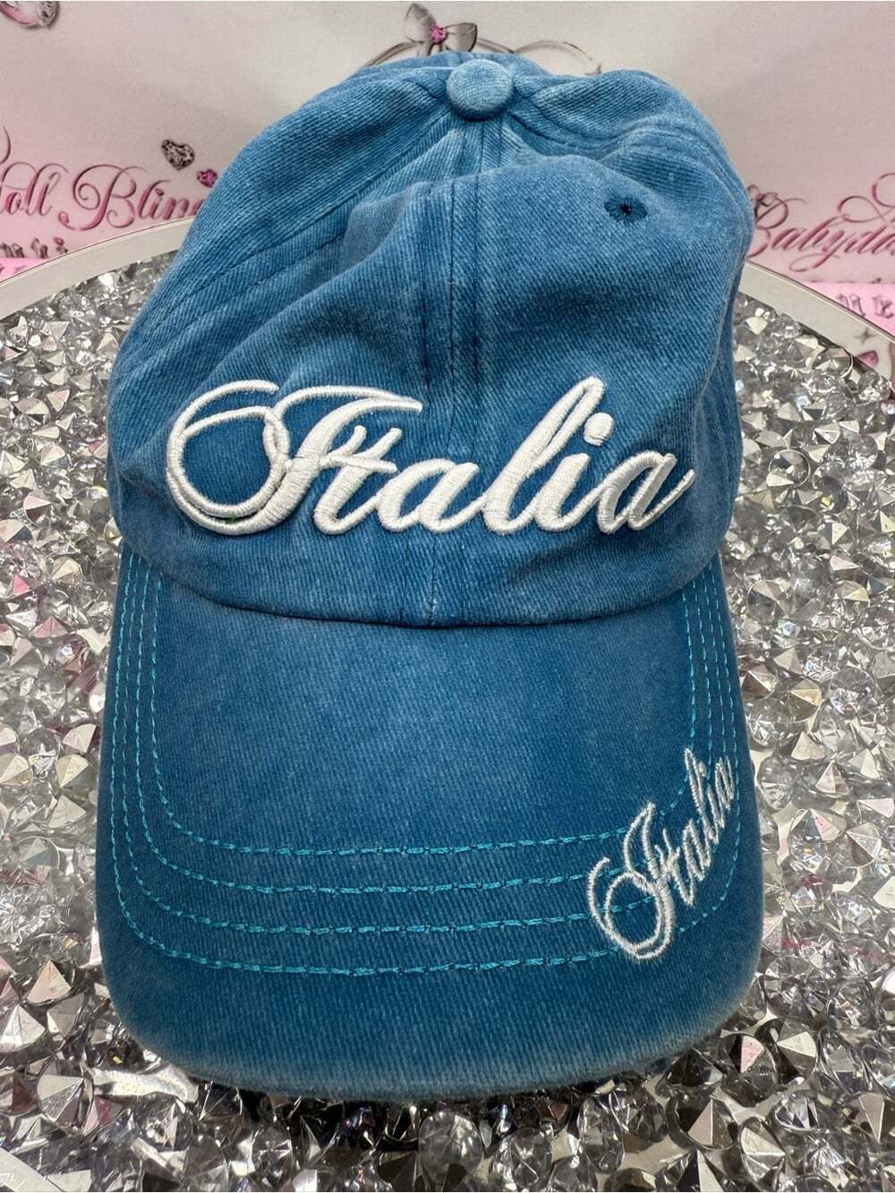 Italia hat y2k Script Embroidered Denim look Hat - Blue rare vintage
